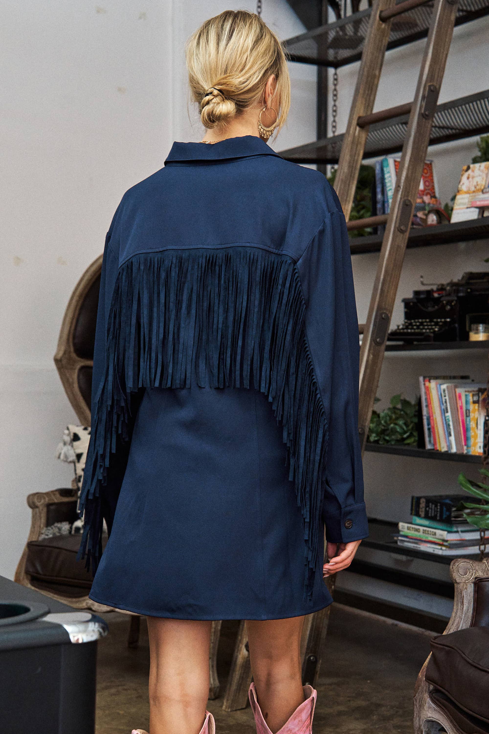 JADE BY JANE - Wholesale Dress - Women's - Western Fringe Trim Woven Shirt Dress JJD50174