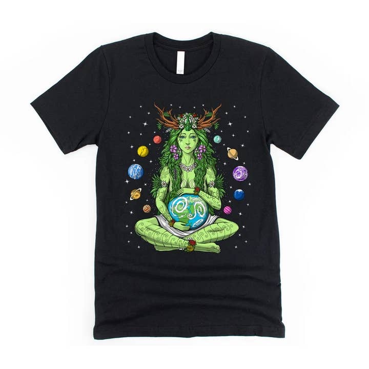 Black Gaia Goddess Spiritual Shirt - Pagan Mother Earth Shirt for wholesale on Faire