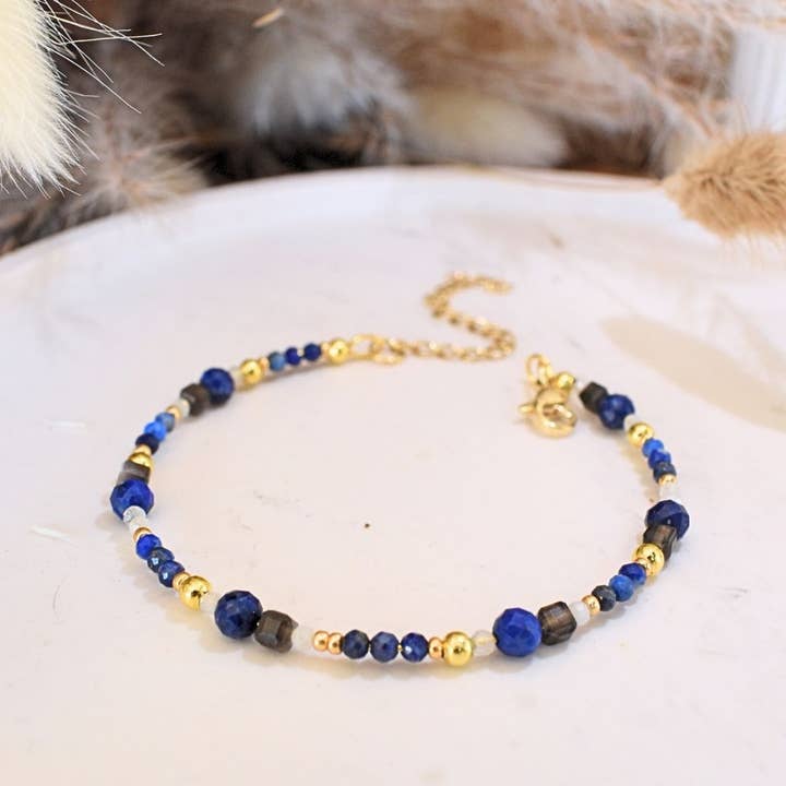 Månestensarmbånd Lapis Lazuli Obsidian - Rustfrit Stål for engroshandel hos Minéralissime