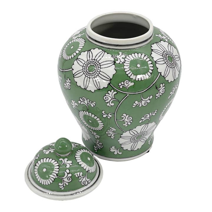 Galt International Company - Wholesale Decorative Jar - Green & White Ceramic Chinoiserie Jar 12"