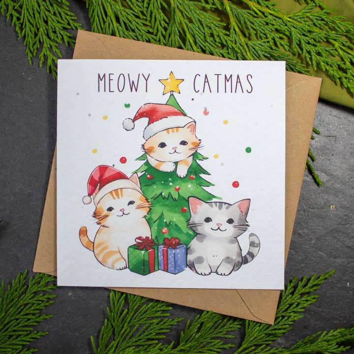 Plantable Christmas Card - Meowy Catmas for wholesale by The Naughty Shrew