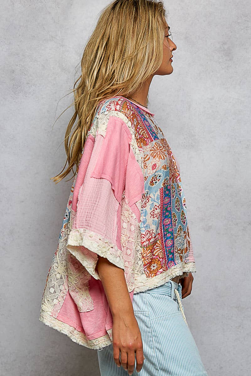 Pol Clothing - Wholesale Blouse - Women's - Round Neck Double Gauze Floral Woven Top22