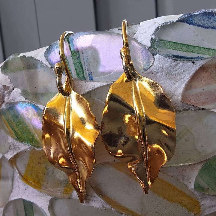 Pendientes LIFELIKE LEAF de plata 925 (chapados en oro) para venta al por mayor de Grethe Winter