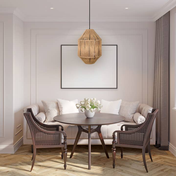 17"W Imani Black and Tan Jute Pyramid Pendant Light for wholesale by River of Goods