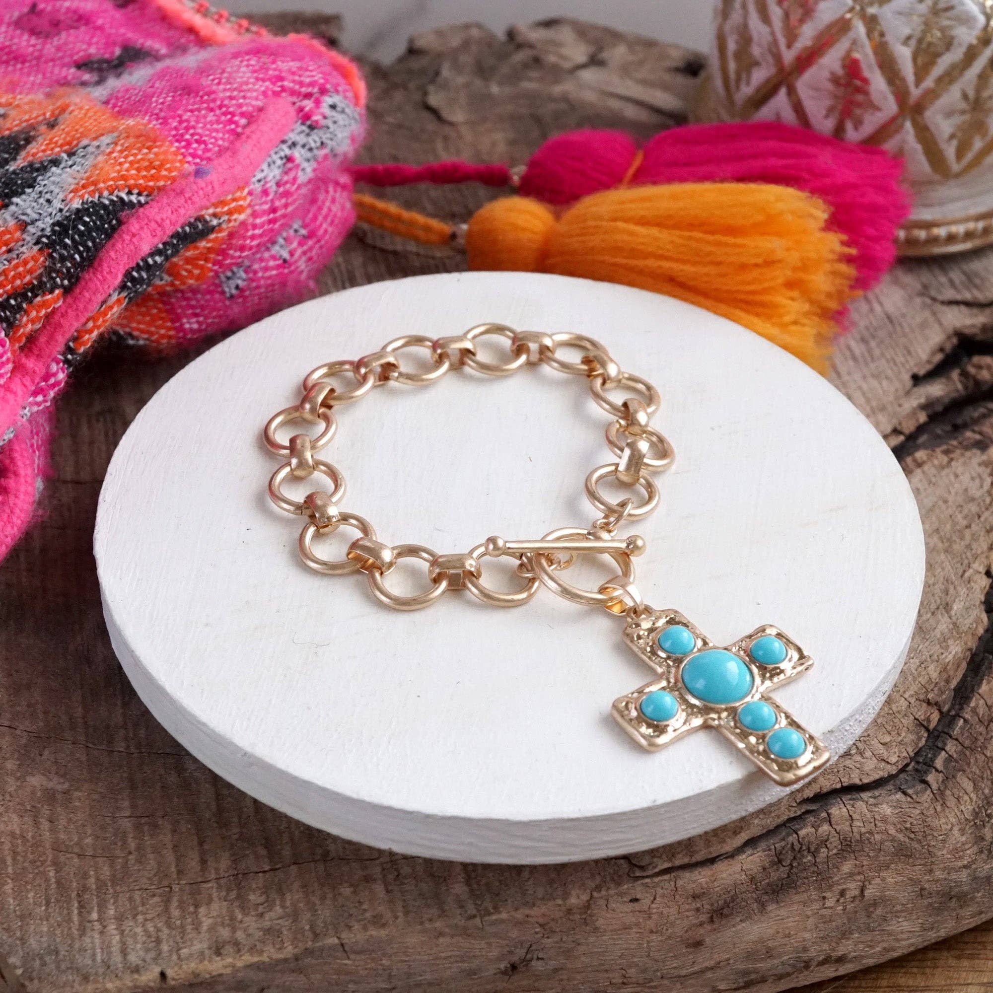PennyLine inc - Wholesale Charm/Dangle Bracelet - Primitive Cross Chain Bracelet – Worn Gold with Turquoise or Pearl1