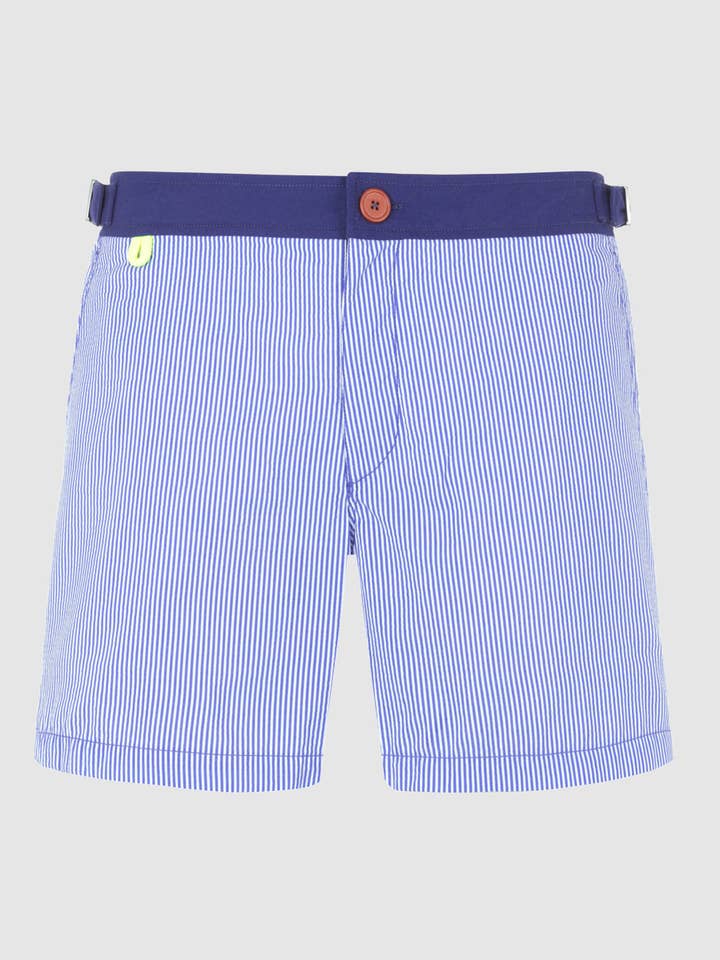 Air Blue Seersucker Knappet Linning Svømme Shorts for engroshandel hos GILI'S
