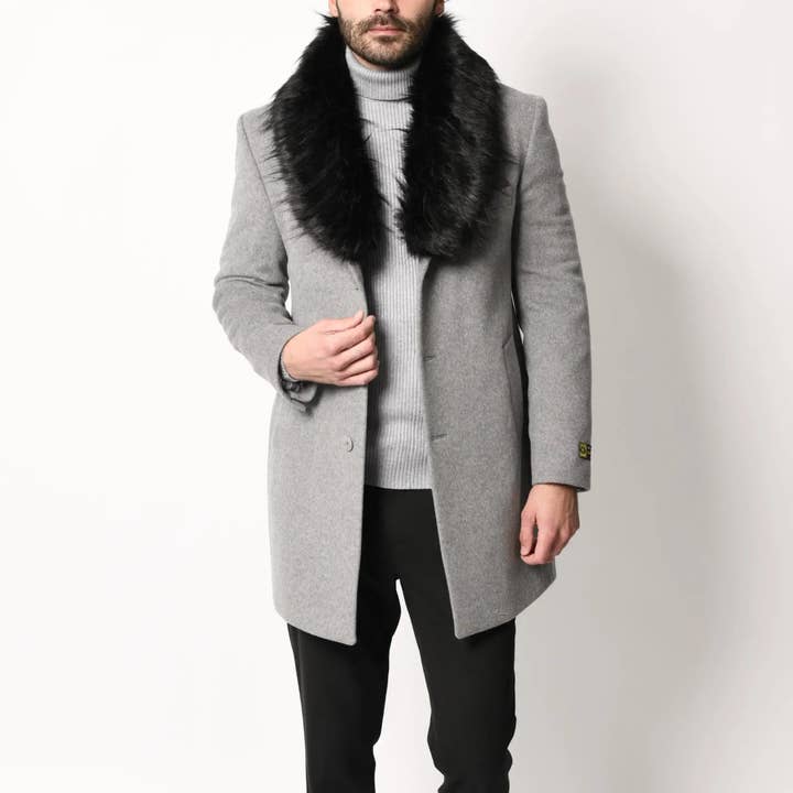 Manteau d'hiver gris pour homme avec col en fausse fourrure pour la vente par Lodevole