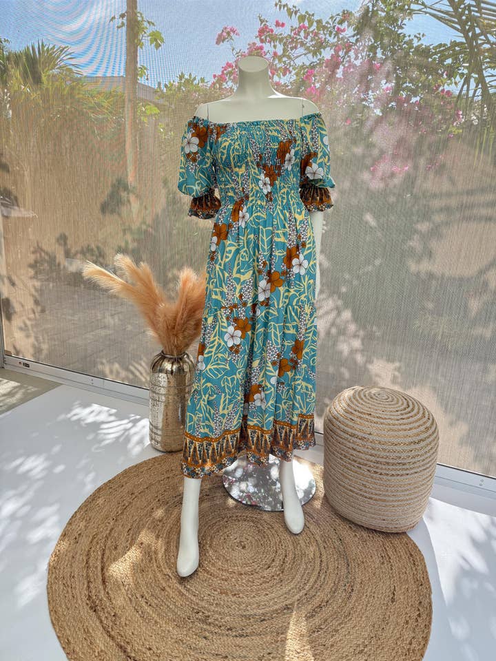 Boho Floral Boob Dress with Sleeves – Light Blue & Mustard | for wholesale by Crafts Love Dreams