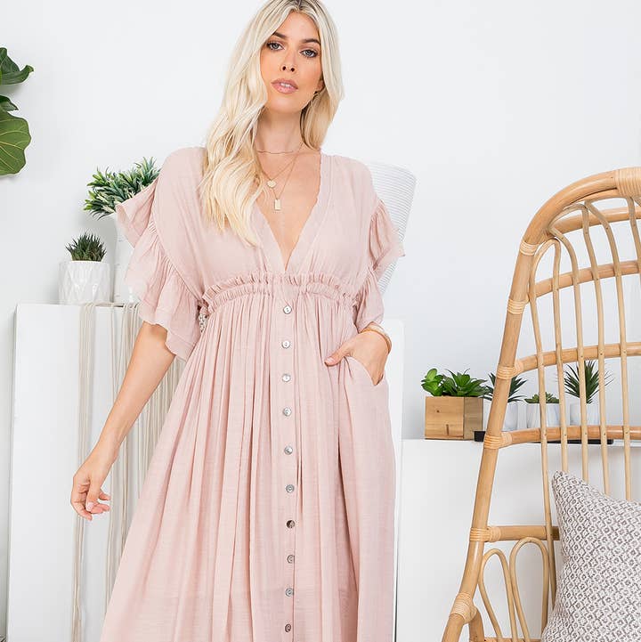 BESTSELLER DEEP V NECKLINE RUFFLE MAXI DRESS for wholesale by Sweet Lovely by Jen