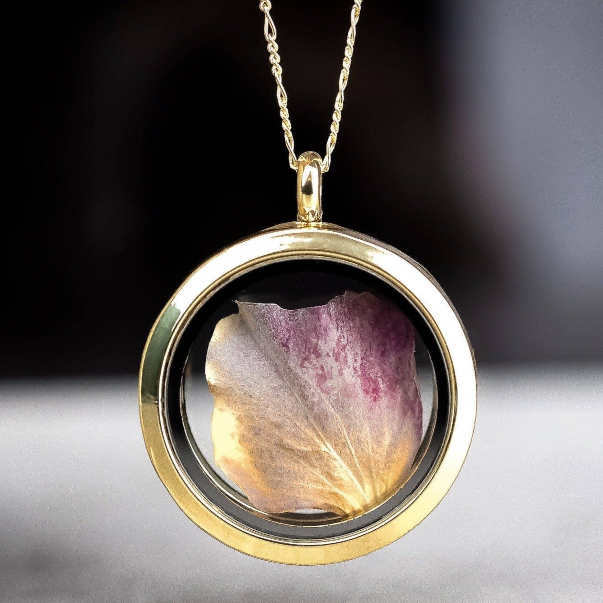 MadamLili – Großhandel Kette mit Anhänger/Charm – Hortensienblatt Gold Glas Medaillon Anhänger Kette - 925 Ste6