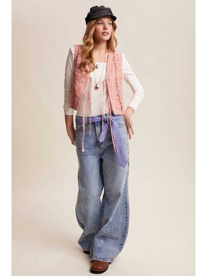 Listicle - Wholesale Outerwear Vest - Women’s - Embroidered Lace Tie-Front Vest LVT00920