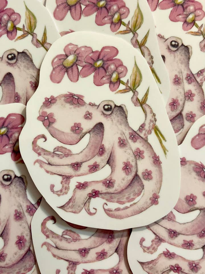 Autocollant floral en forme de poulpe ou autocollant aimanté pour ordinateur portable, bouteille d'eau, animal de la mer, art de la vie marine, poissons et faune pour la vente par Melissa the Artist