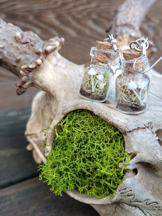 Mushroom Terrarium Bone Earrings for wholesale by Muddy River Conjure
