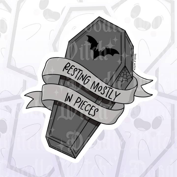 Descansando Principalmente em Pedaços Autocolante de Caixão Gótico Bruxa Assustadora por atacado de DoodleWitch