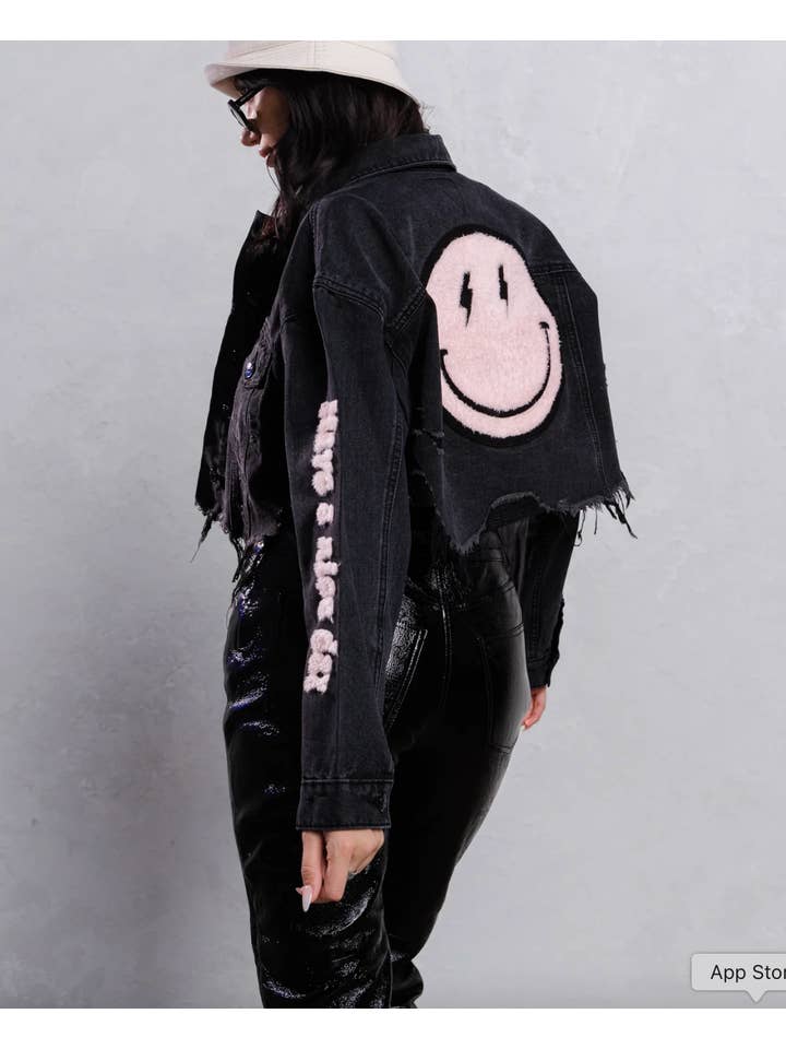 Noir Veste en jean avec écusson Smiley en vente sur Faire2