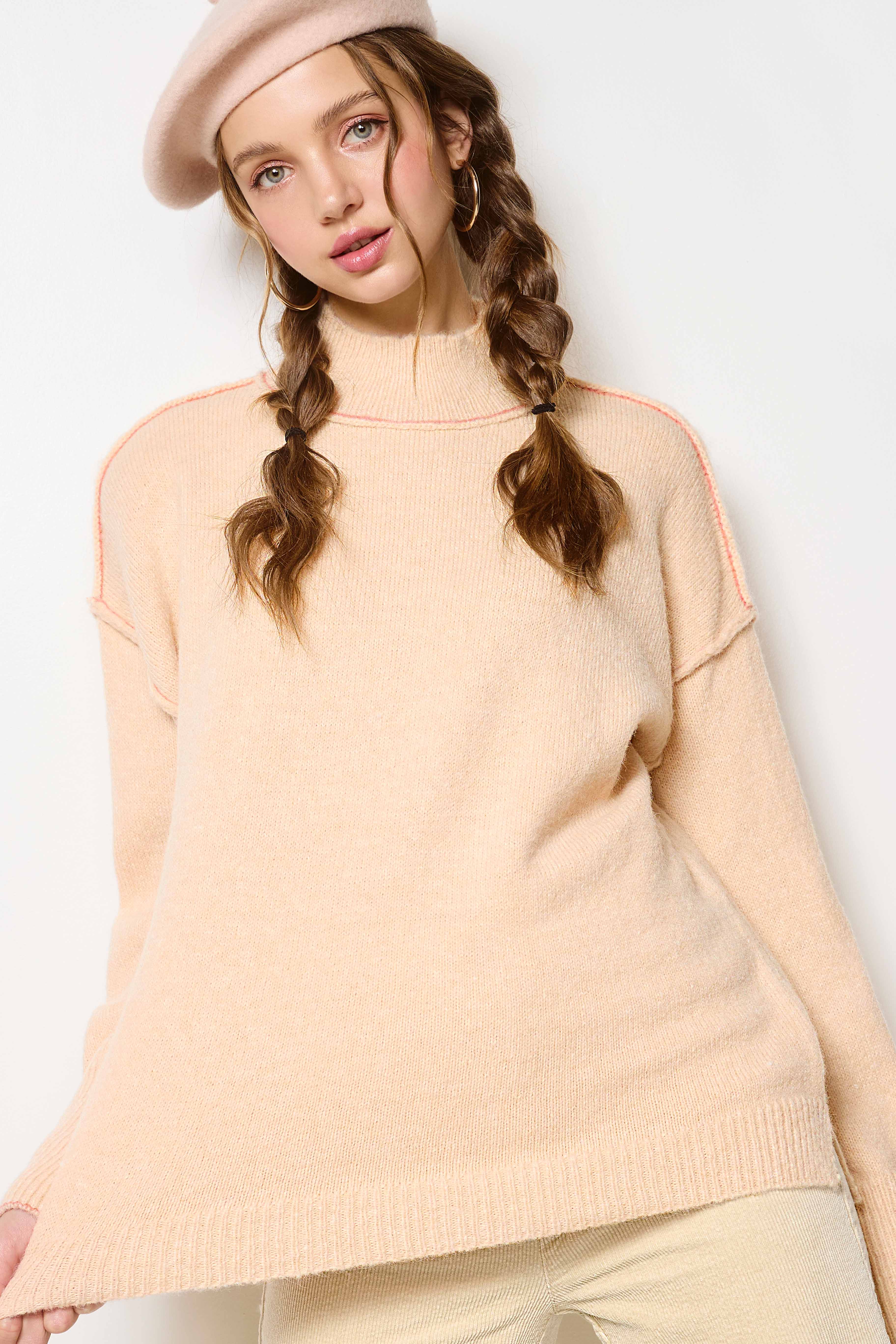 La Miel - Wholesale Knit Sweater - Women's - MCS3566-Loose Fit Mock Neck Exposed Seaming Detailed Sweater36