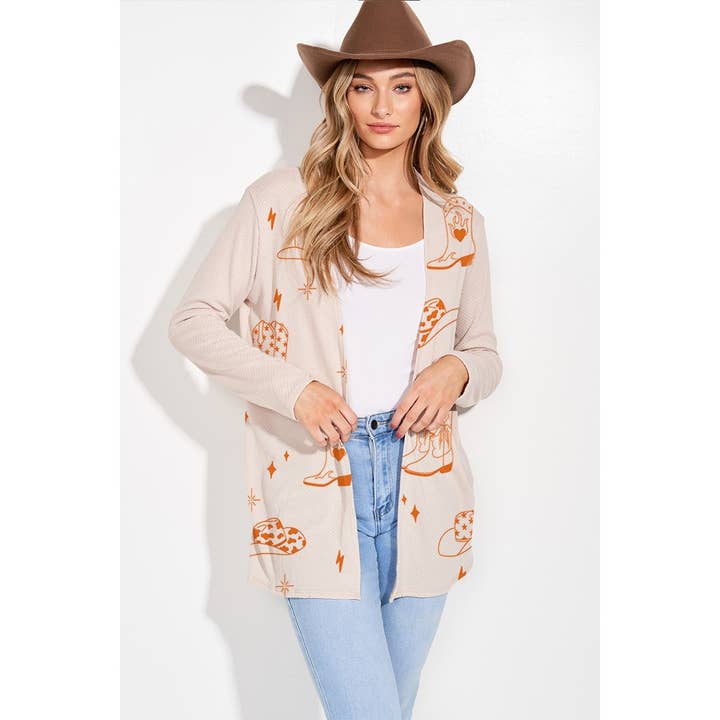 Cardigan a maniche lunghe in maglia stampata con stivali da cowgirl  per la vendita all'ingrosso da parte di Phil Love
