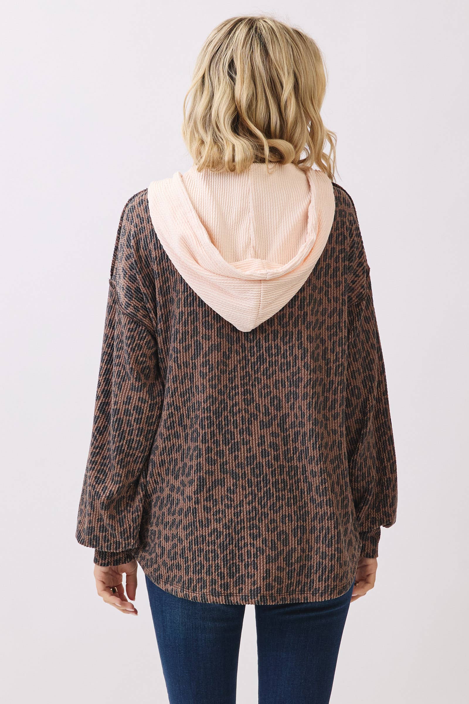 7th Ray - Wholesale Hoodie - Women's - Leopard Print Button Front Drawstring Hoodie T611511