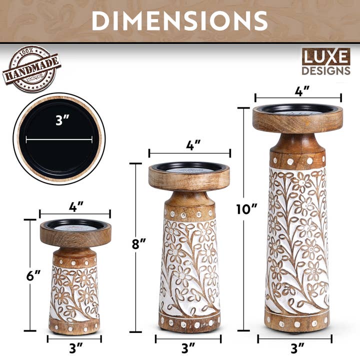 LuxeDesigns Co LLC - Wholesale Candle Holder - Artisan Hand Carved Crafted Thick Wood Candle Holders 3 Pcs3