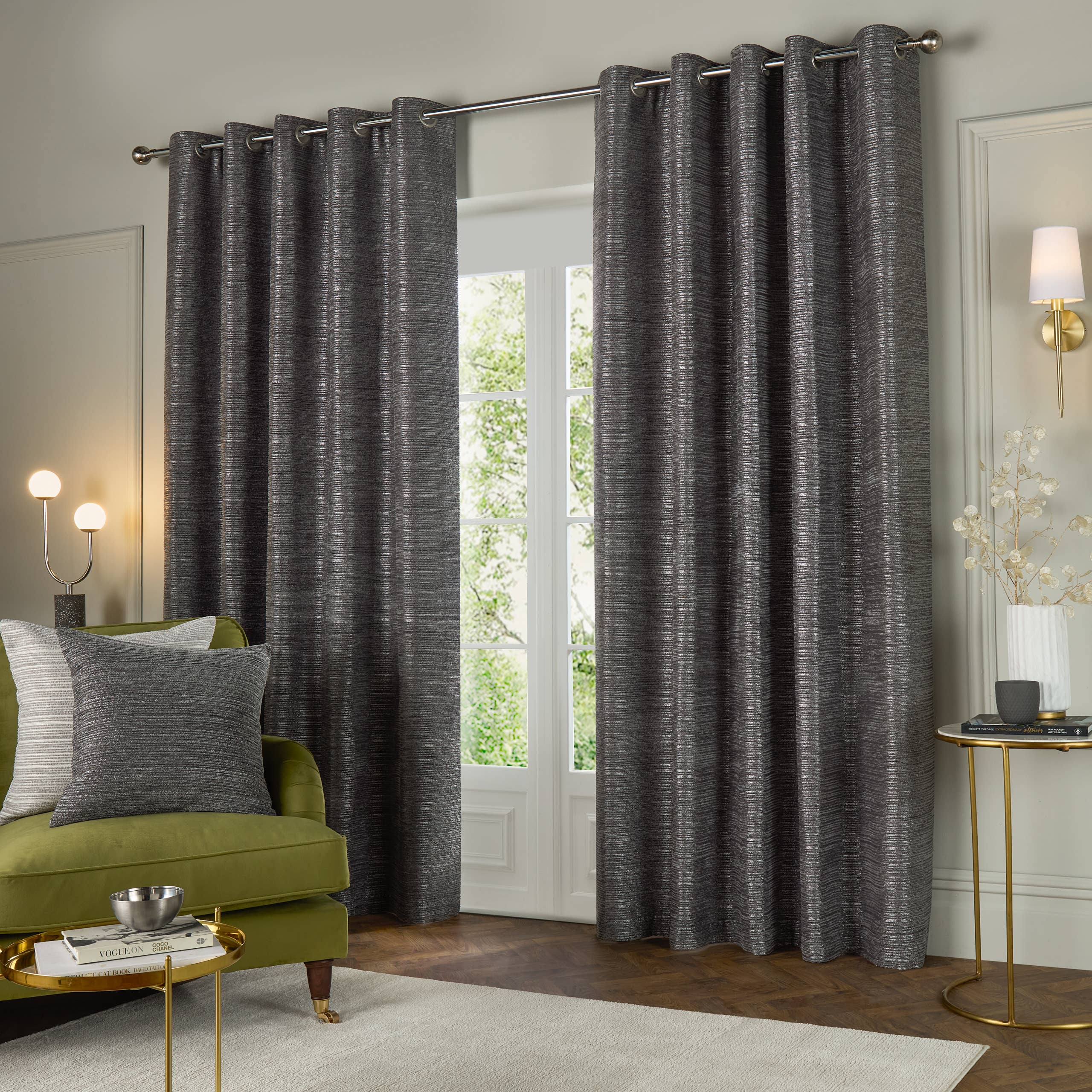 Jupiter Chenille Jacquard Eyelet Curtains Graphite for wholesale on Faire1