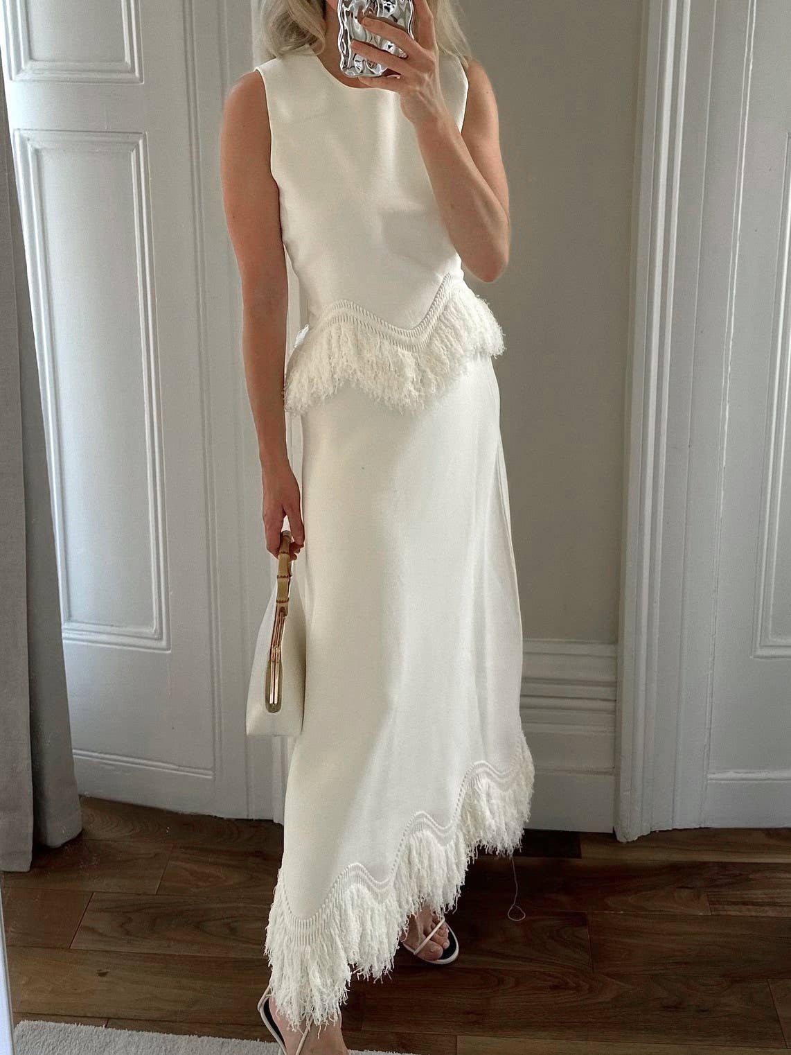 Beige Elegant Tassels Patchwork Knit Top Maxi Skirt Set for wholesale on Faire0