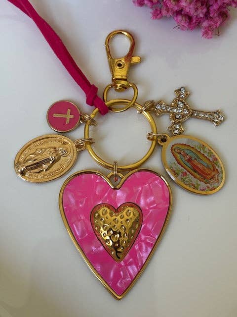 Virgin Mary keychain with sacred heart and cross, gift for Virgin Mary of Guadeloupe, miraculous medal Virgin Mary charm, ex-voto jewelry for wholesale by Miss DJ Angel