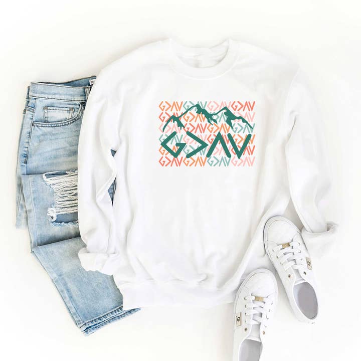 God Is Greater Mountains | Sweatshirt | Faith | Religious for wholesale by Uplifting Threads Co Wholesale