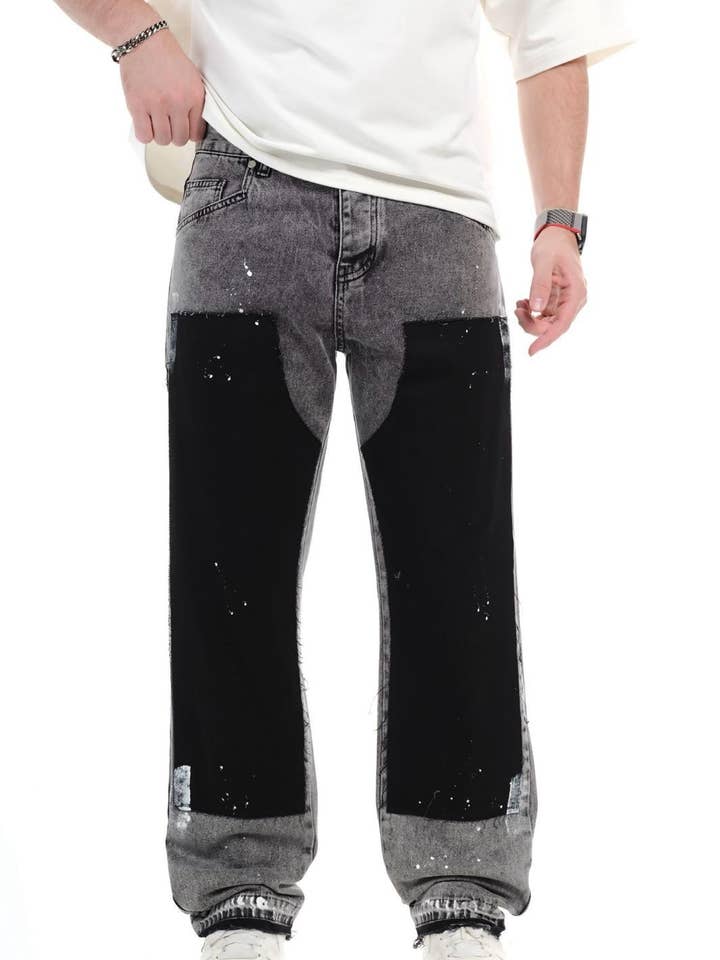 Herrar Patchwork Färgfläckade Baggy Grå Denimjeans 0125C1169 för wholesale av Monocloth