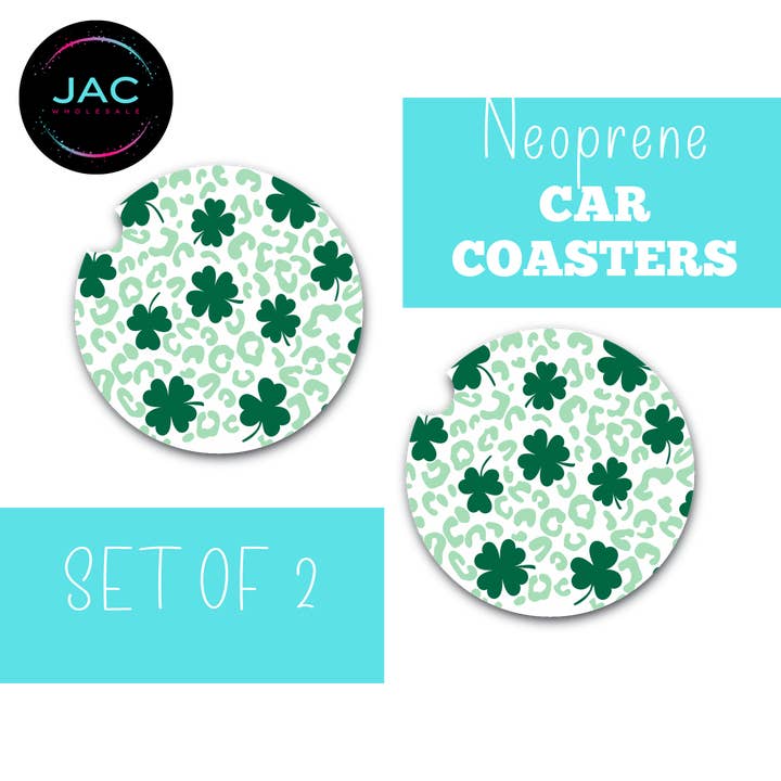 St.Patty' s Green and Light Green Leopard Car Coasters for wholesale by JAC Wholesale
