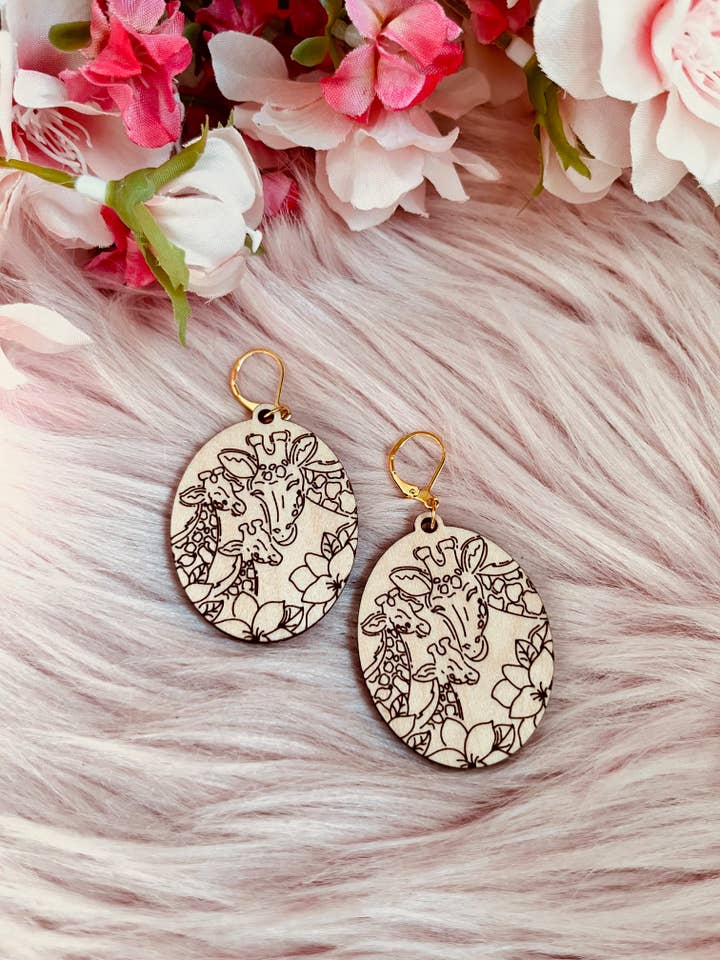 Giraffe Mama Earrings | Wood Earrings | Lever back Earrings for wholesale by Alicia's Wonderland