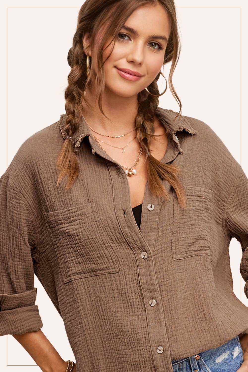 La Miel - Wholesale Button Down Shirt - Women's - SRT7448-Soft Washed Crinkled Gauze Button Down Shirts43