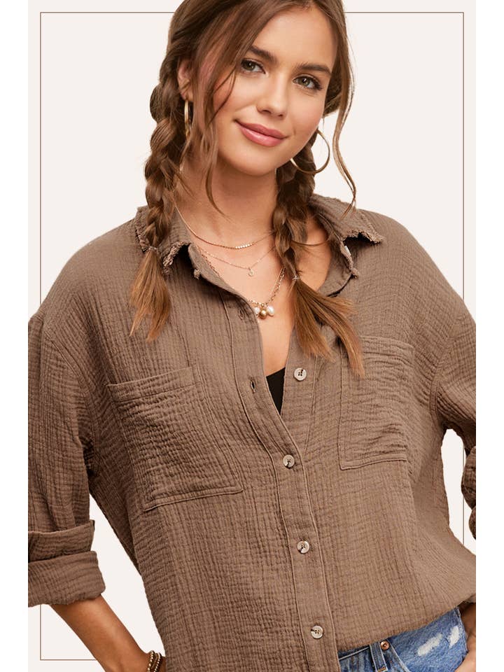 La Miel - Wholesale Button Down Shirt - Women's - SRT7448-Soft Washed Crinkled Gauze Button Down Shirts43