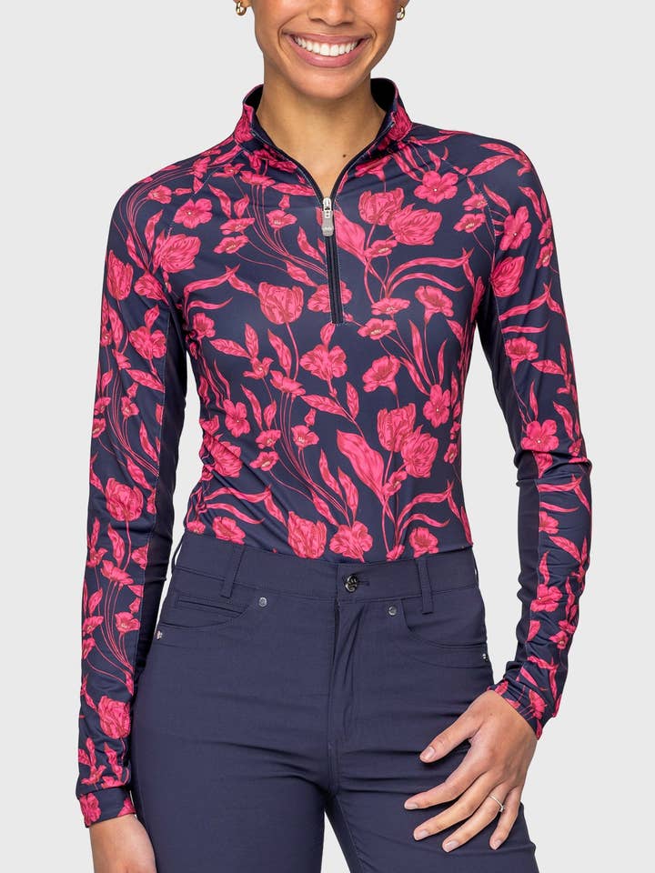 Camiseta de Sol de Manga Larga con Cremallera 1/4 de Tulipanes Franceses Rosa Fucsia para venta al por mayor de Kastel Denmark