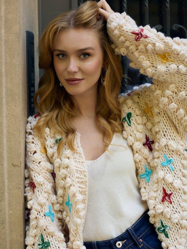 Knitted Cardigan Cross Pom Pom for wholesale by SAACHI