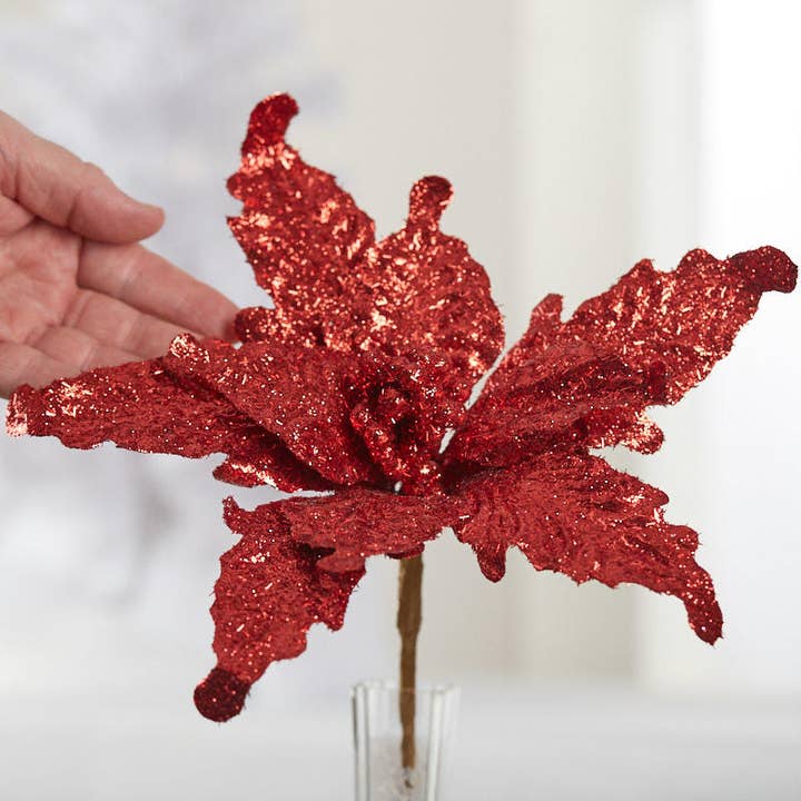 Factory Direct Craft - Wholesale Artificial flowers - 11" Red Tinsel Poinsettia Christmas Floral Pick 2