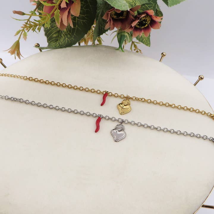 SACRED LUCKY ~ Bracciale ACCIAIO INOSSIDABILE con cuore sacro e cornetto for wholesale by Daemon srls