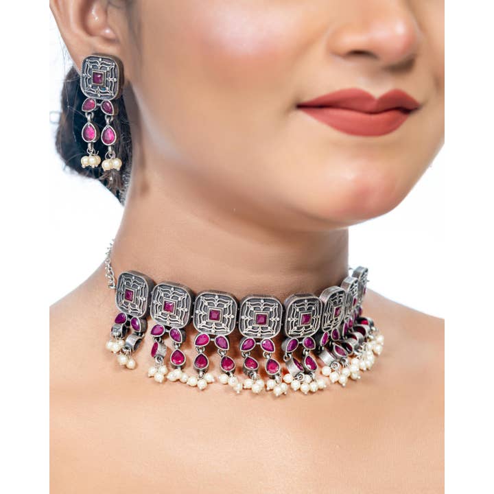 Ethnic Oxidized Stone Studded Kolhapuri Jewelry Set for wholesale by Vastrabhushan