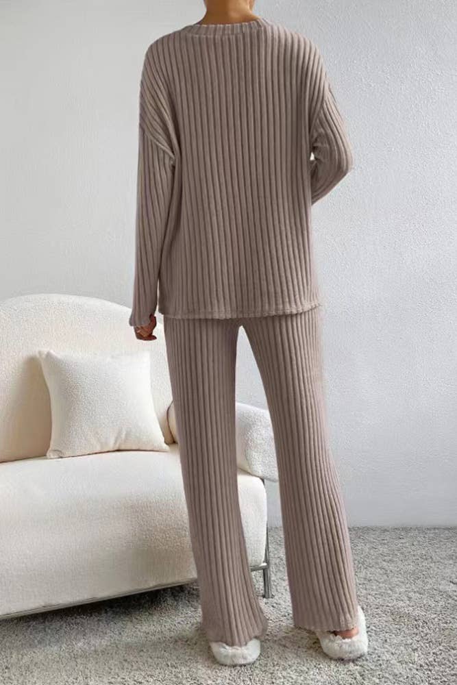 UNISHE - Wholesale Lounge Set - Women's - Plain V Neck Rib Long Sleeves Top With Pants 2pcs Set ZK5607
