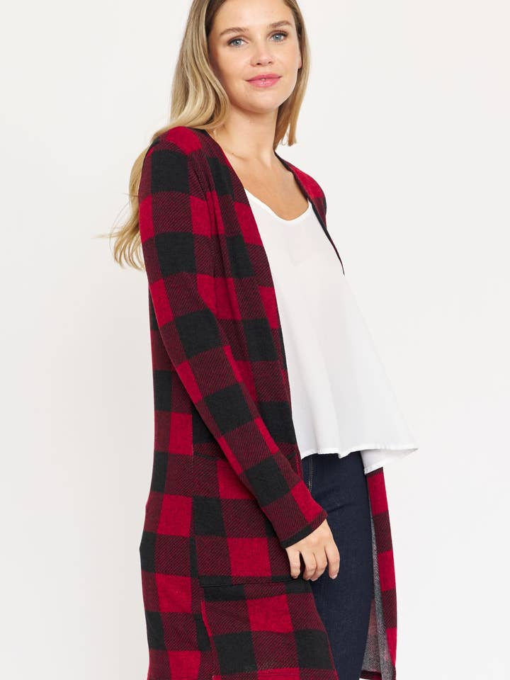 Lang Buffalo Plaid åben cardigan for engroshandel hos EG fashion