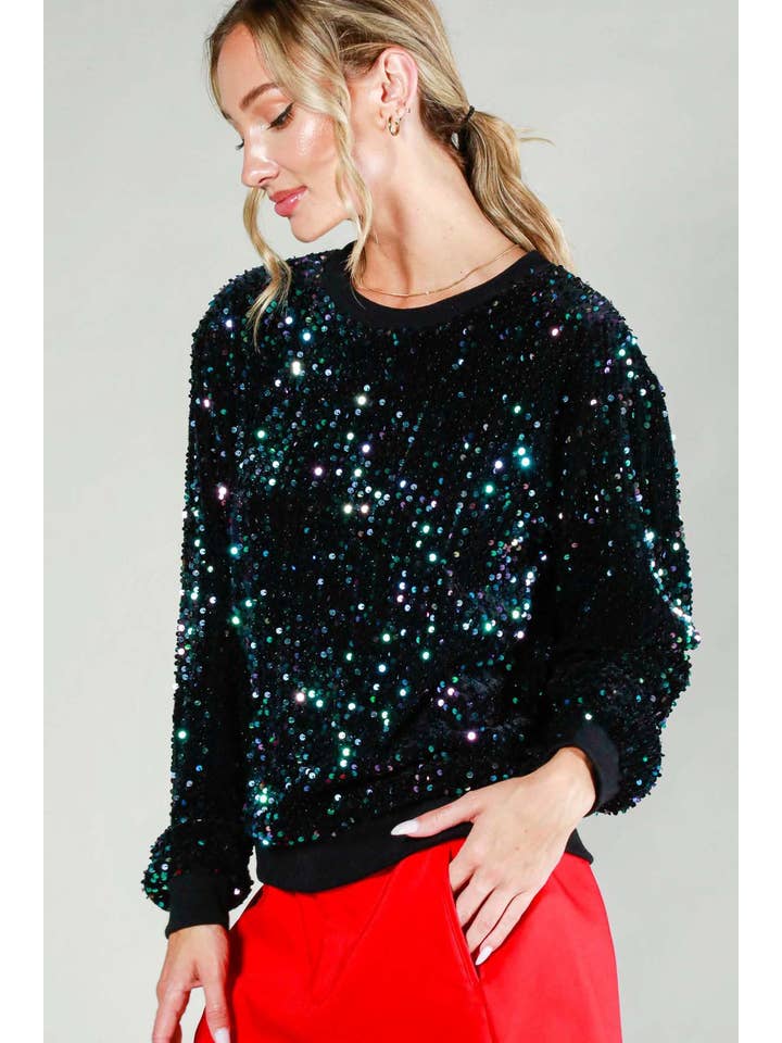 BLACK MULTI Allover Sequin Crewneck Velvet Sweatshirt Top VT81449 for wholesale on Faire