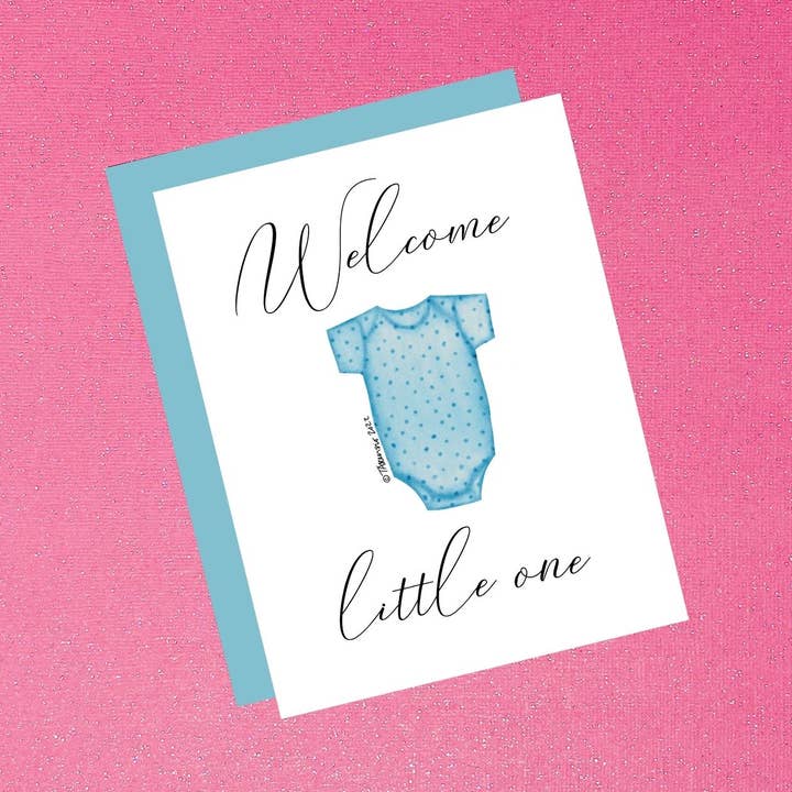 Carte de fête prénatale Baby - Welcome Little One Blue Onesie pour la vente par Tiffany Ascensio Designs | Watercolor Greeting Cards