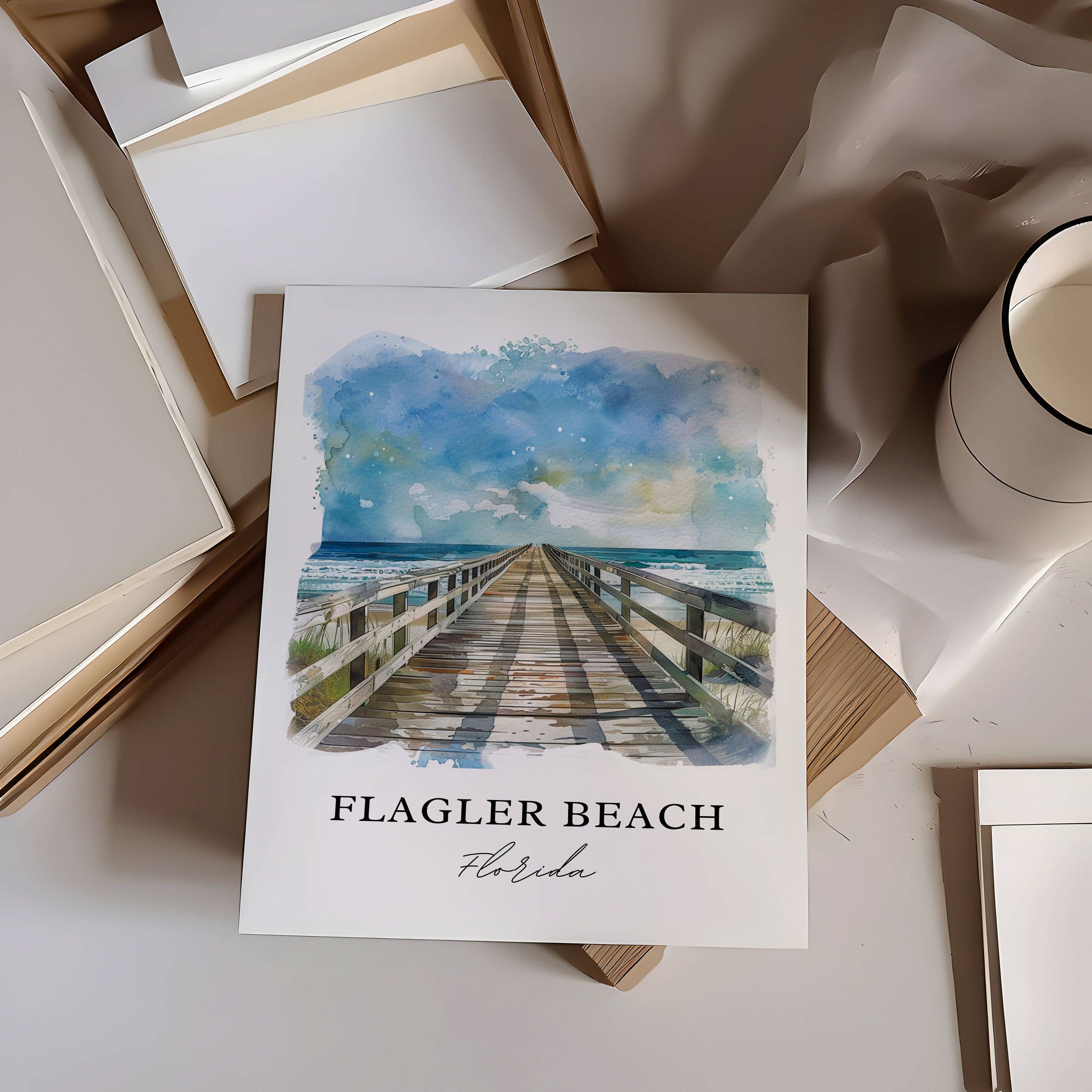 Premium Travel Art - Vendita all'ingrosso Stampa artistica - Arte da Parete di Flagler Beach, Stampa di Flagler Beach, Acquerello di Flagler Beach FL, Regalo di Flagler Beach,1