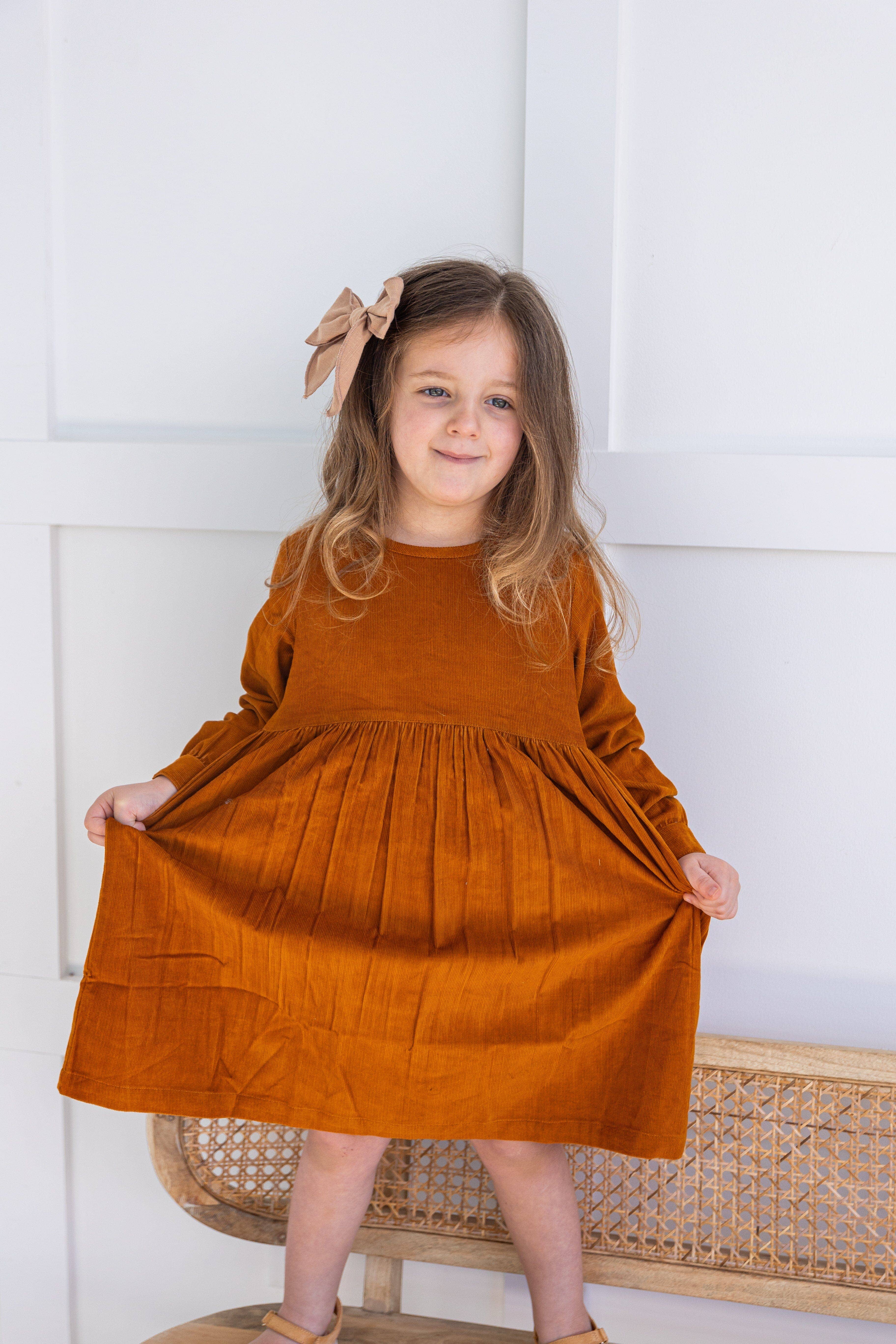 Yo Baby - Wholesale Dress - Kids - Rust Corduroy Solid Color Long Sleeves Gathered Dress4