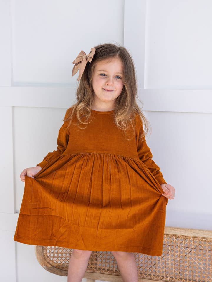Yo Baby - Wholesale Dress - Kids - Rust Corduroy Solid Color Long Sleeves Gathered Dress4