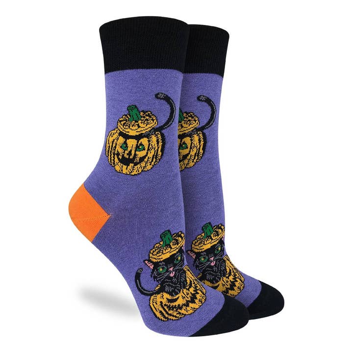 Women's Halloween, Black Cats Hiding in Pumpkins Socks for wholesale by Good Luck Sock