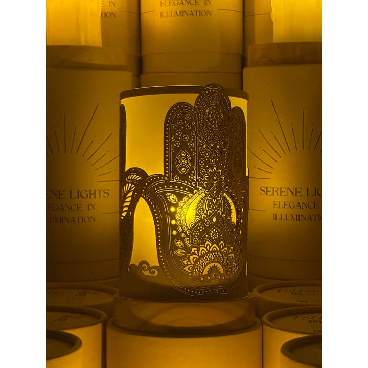 Serene Lights - Wholesale Decorative Tabletop Object - Hamsa, Decorative Candle Holder – Laser Etched, Handmade Wood Veneer, Rechargeable LED Candle
3