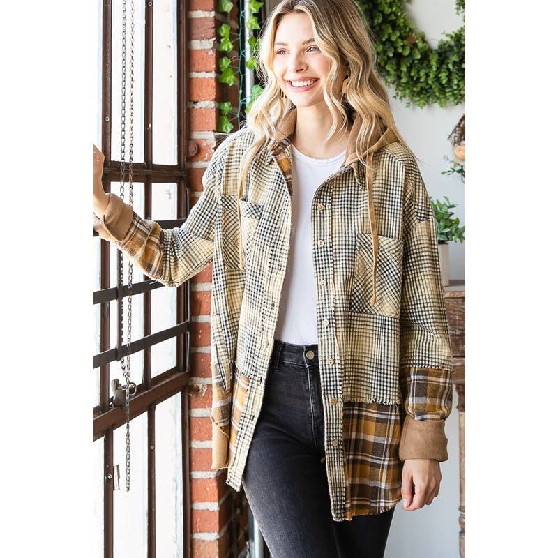 CAMEL COMBO WASHED PLAID MIXED HOODED BUTTON FRONT SHACKET for wholesale on Faire1