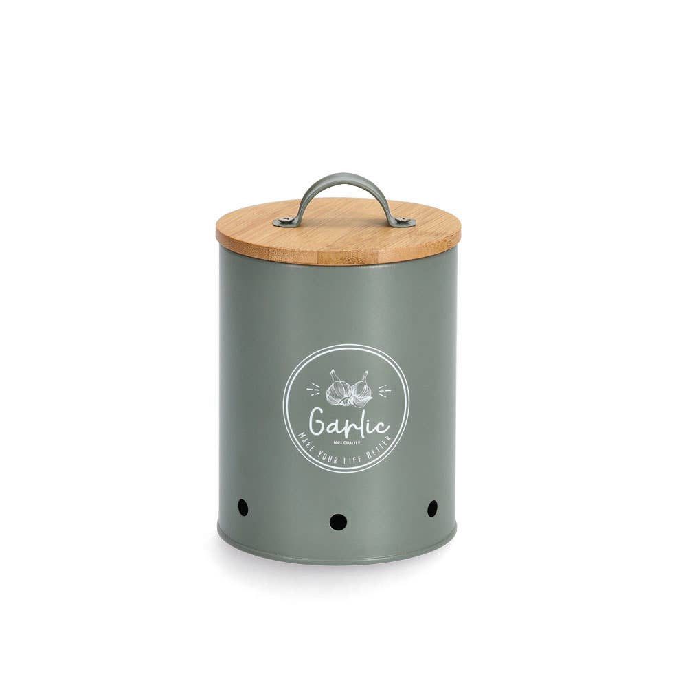 greenery Storage jar with bamboo lid "Garlic", metal, green for wholesale on Faire0