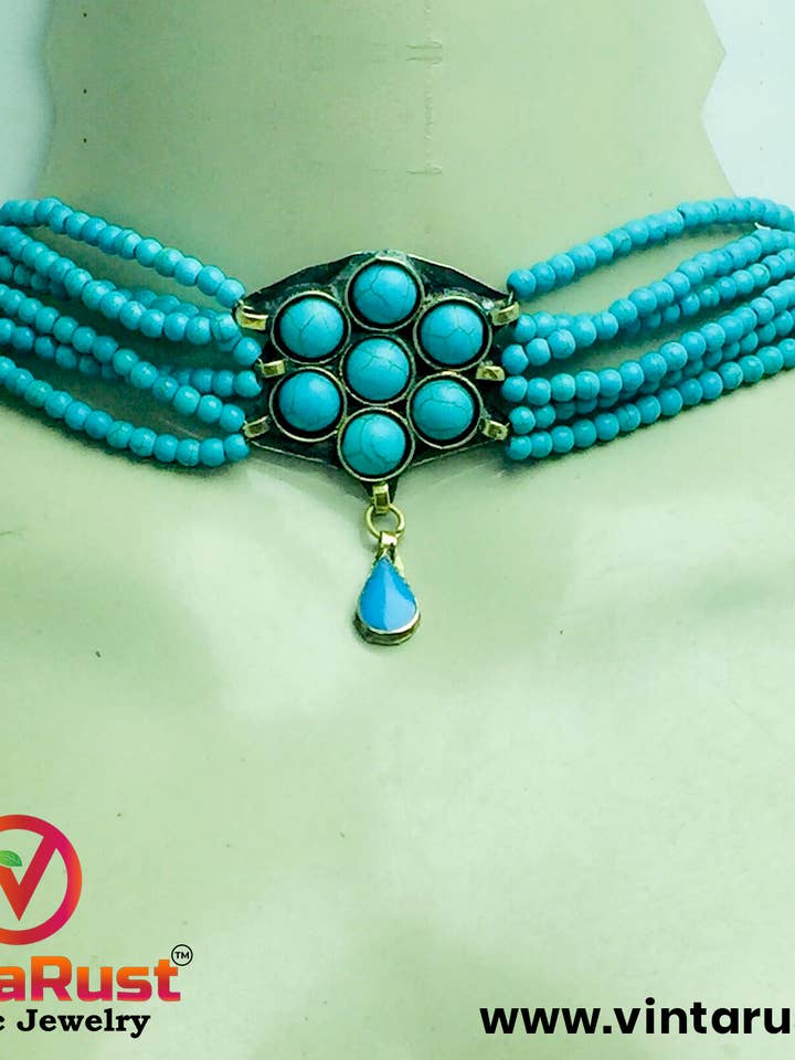 Conjunto de colar, colar e brincos de flores turquesa por atacado de vintarust