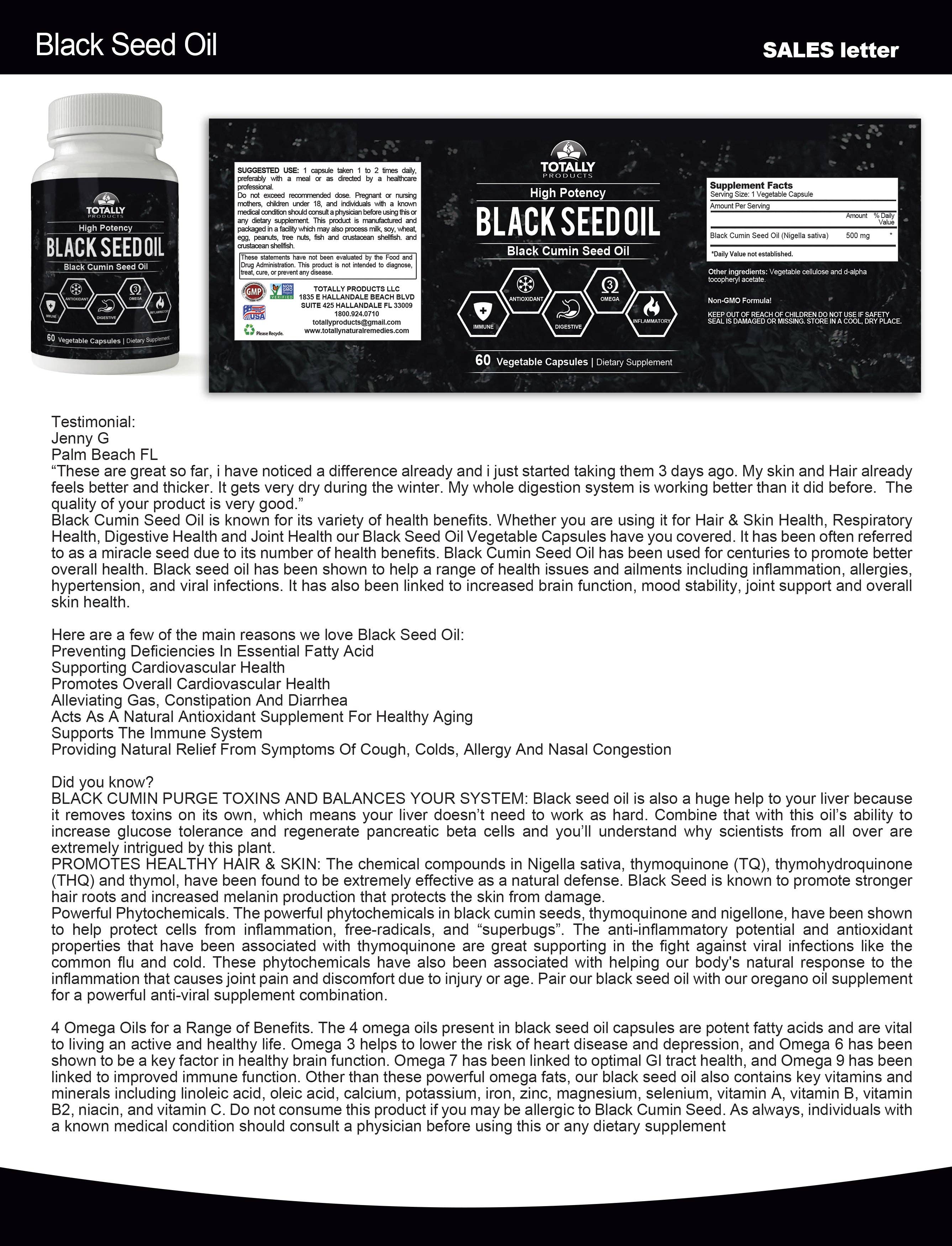 Totally Products - Wholesale Oral Supplement/Vitamin - Black Cumin Seed Oil (60 veggie capsules)1